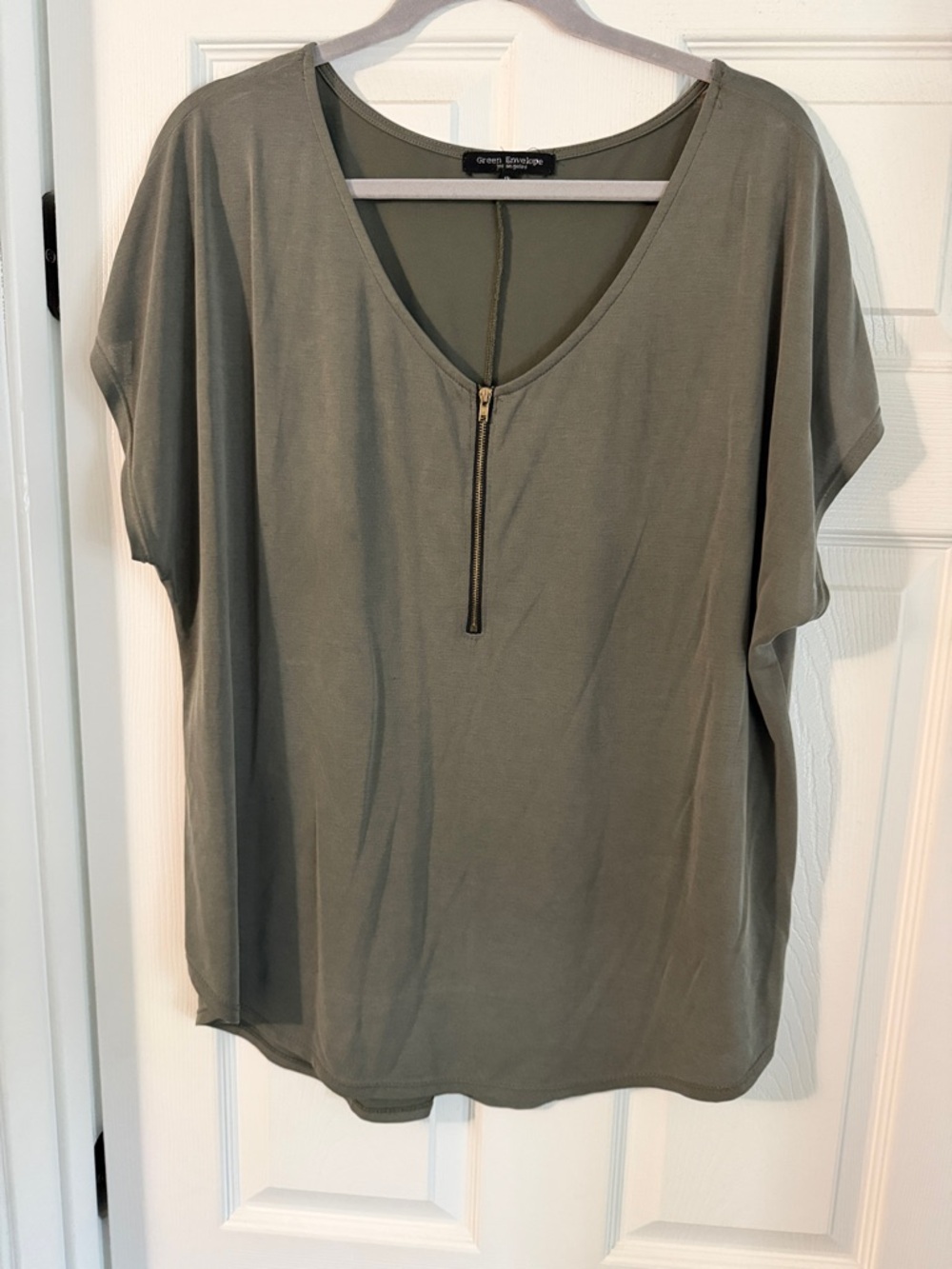 Green Envelope Olive Zip V-Neck Short Sleeve Tee